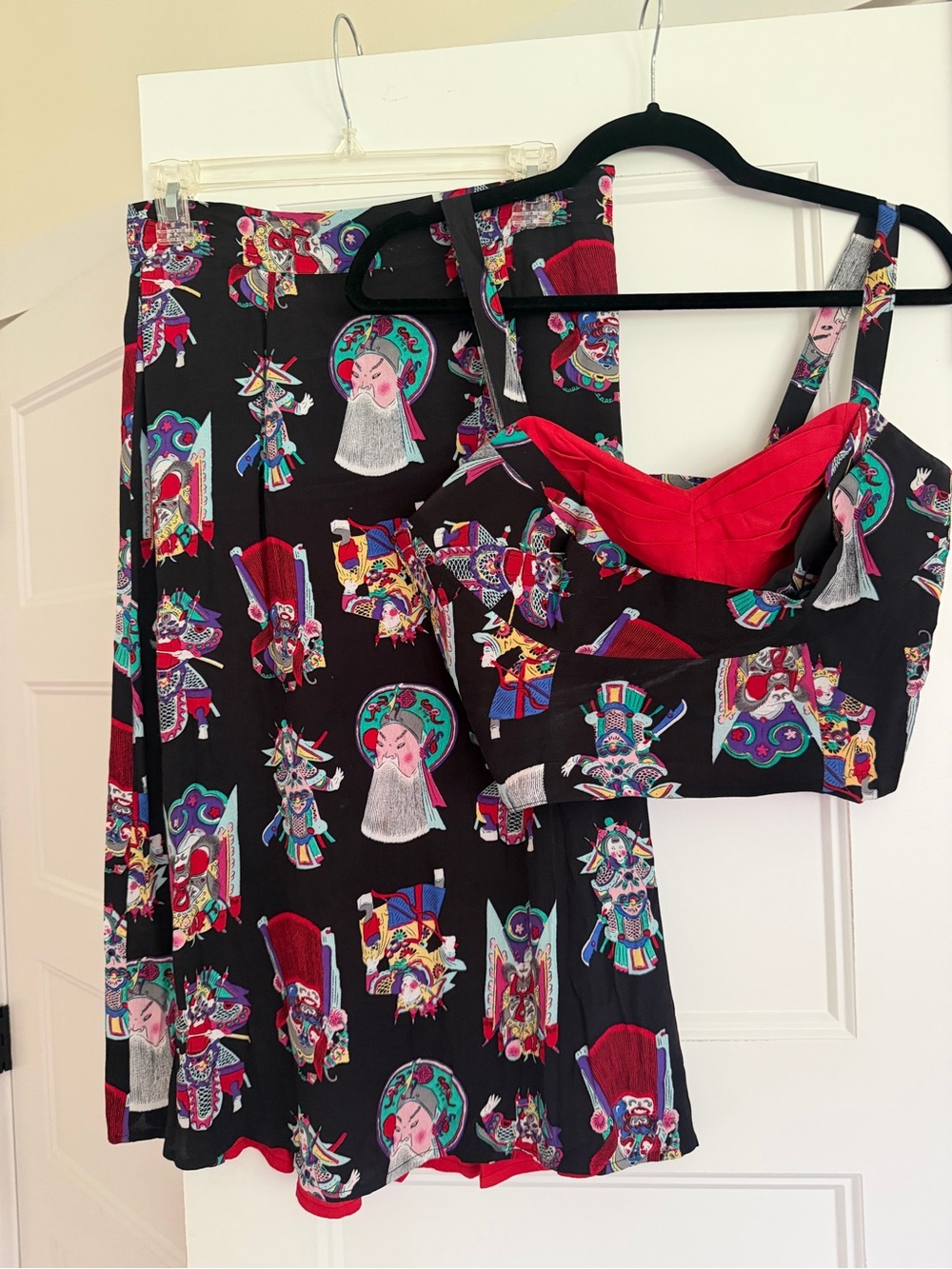Trashy Diva Black Floral-Theater Print Midi Skirt & Crop Top with Red Accents
